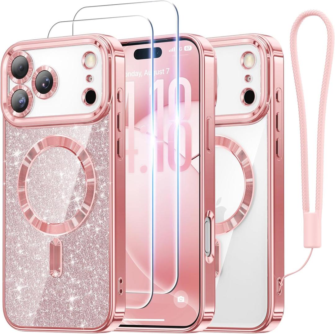 Meifigno Designed for iPhone 17 Pro Max Case 6.9", [Glitter Card & Wrist Strap] [Compatible with MagSafe] [2X HD Screen Protectors] Surround Raised Lens Protection for 17 ProMax Phone Case, Rose Gold