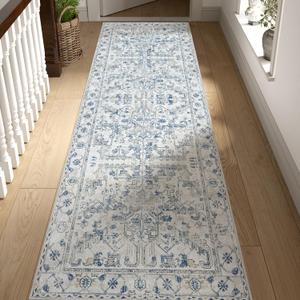 jinchan Kitchen Runner Rug 2x8 - Vintage Floral Machine Washable Non-Slip Hallway Runner Rug with Rubber Backing Ultra-Thin Carpet for Bedroom Laundry Room Farmhouse (2x8ft,Blue)