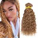 LOIUMGUU Honey Blonde Human Hair Bundles Color #27 Water Wave Bundles Uprocessed Brazilian Virgin Remy Hair Extensions 18 20 22 Inch Double Weft Blonde Water Wave Hair Weave