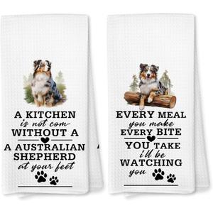 Voatok Funny Australian Shepherd Kitchen Towels Set of 2, Australian Shepherd Gifts for Women Hand Towels, Gifts for Dog Mom Lovers Dish Tea Towels for Kitchen, 16x24 Inches