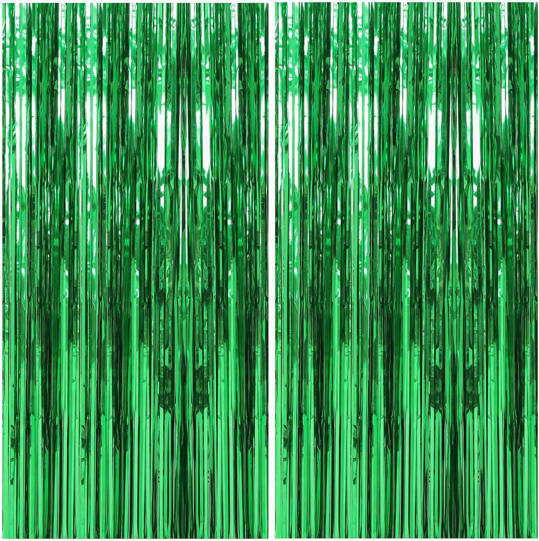 2 Pack Foil Curtain Backdrop Green Metallic Tinsel Foil Fringe Curtains Photo Booth Props for Birthday Wedding Engagement Baby Shower Bachelorette Christmas Holiday Celebration Party Decorations