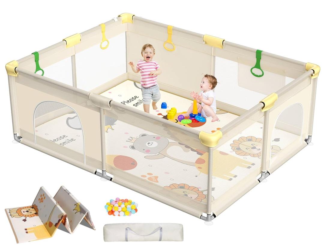 CoziBB Baby Playpen with Mat, 71"  59" Extra Large Playpen for Toddler, Play Yard, Baby Fence Play & Sleep Area for Indoor & Outdoor (Beige)