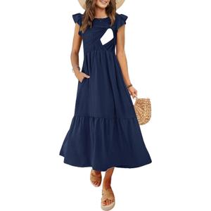 CzzzyL Women's Nursing Dress Flutter Short Sleeve Crew Neck Smocked Elastic Waist Tiered Midi with Pockets, Size: X-Large