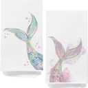 Mermaid Bathroom Decor Hand Towels, Mermaid Gifts for Girls Women, Girls Bathroom Decor, Pink Blue Glitter Tail Decorative Hand Towels, Coastal Beach Ocean Kitchen Towels, 16x24 Inch Set of 2