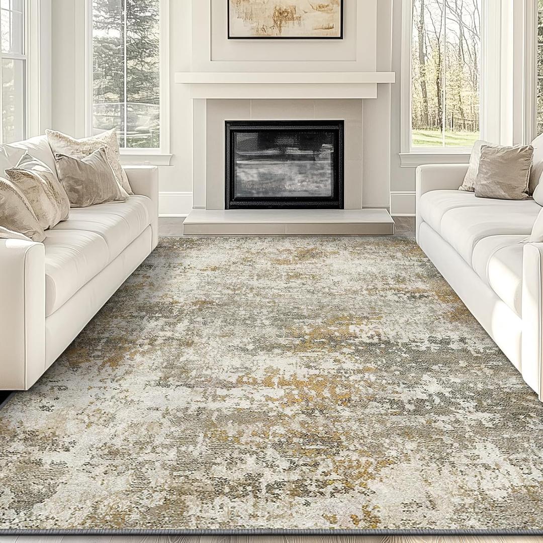 Modern Abstract 9x12 Area Rug, Non-Slip Washable Carpet for Living, Bedroom & Dining Room, Soft Faux Wool Rugs for Hardwood Floors, Brown