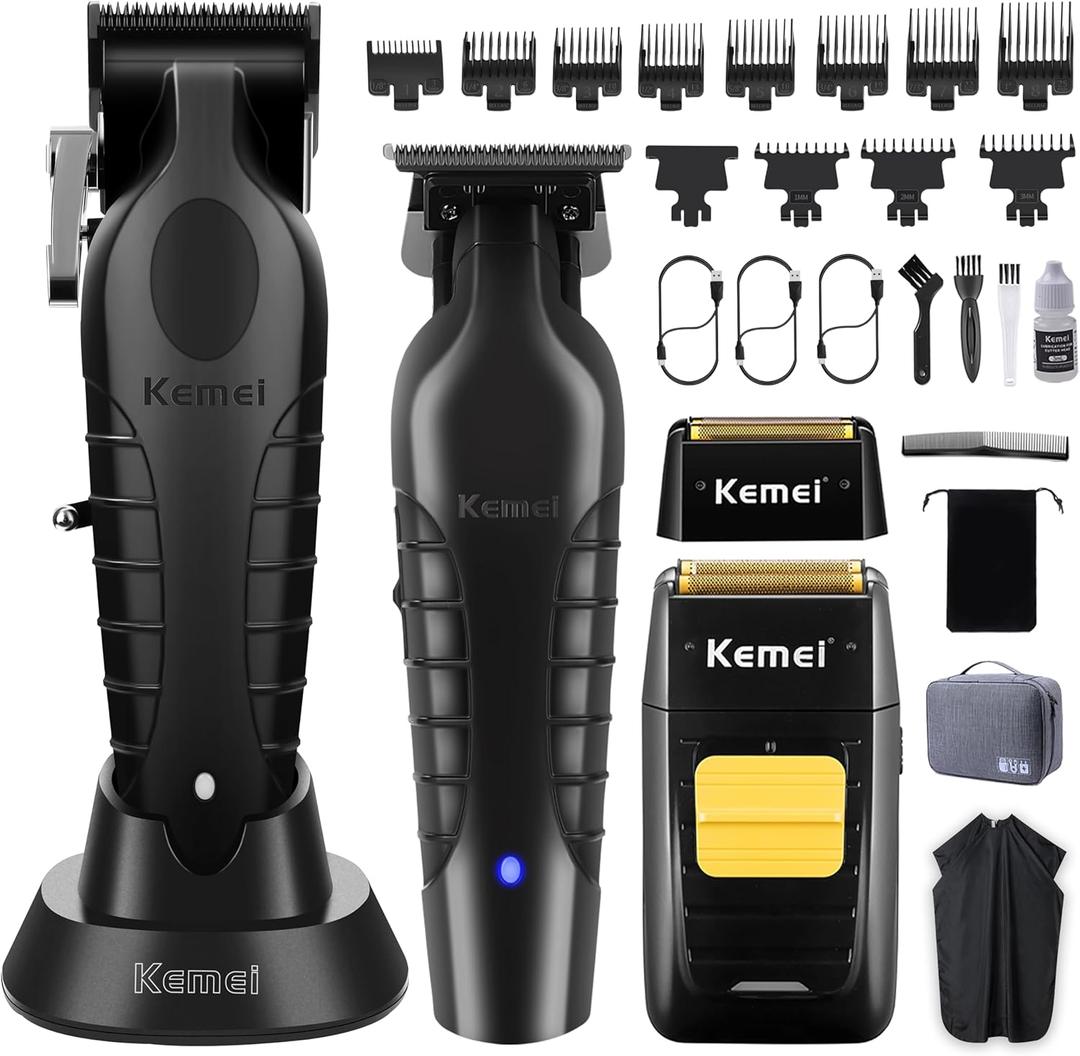 KEMEI Professional Hair Clipper and Trimmers Set, Cordless Barber Clippers, Beard Trimmer, Electric Foil Shaver with Replacement Heads, KM-2299, KM-2296, KM-1102