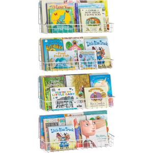 4-Pack Wall Mounted Metal Kids Bookshelf, Floating Book Shelves for Kids Nursery Toddler Bedroom Classroom, Hanging Book Shelf Storage Organizer for Room Decor, White