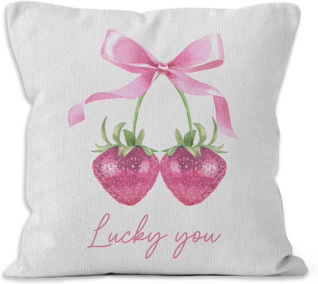Pink Strawberry Throw Pillow Covers 18x18, Coquette Pink Bow Cherry Strawberry Lucky You Decorative Pillow Covers for Girly Bedroom Dorm, Preppy Room Decor Accent Pillows Cover Pillowcases