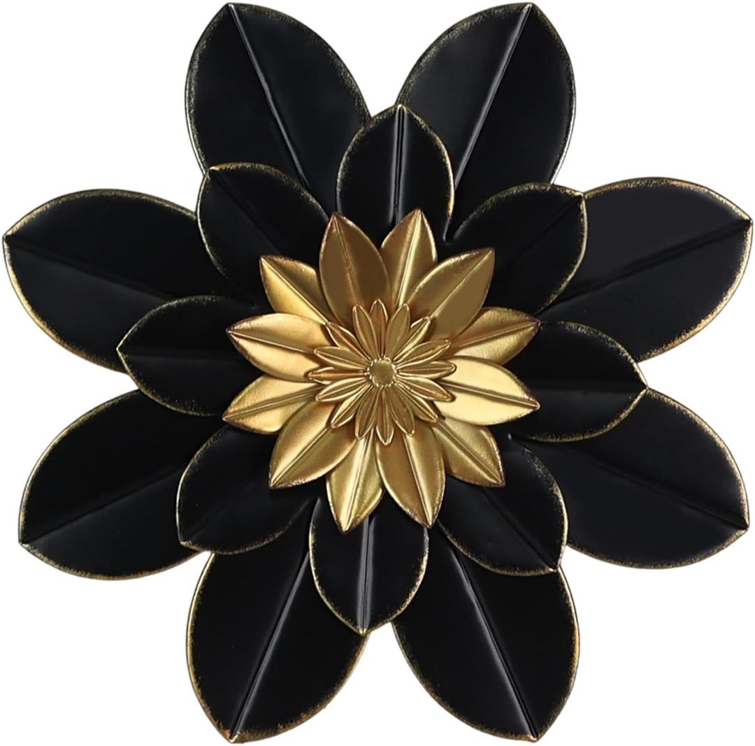 hogardeck Metal Flower Wall Decor, 16" Black & Gold Floral Metal Wall Art for Indoor Outdoor, Boho Modern Wall Decor for Bathroom, Living Room, Kitchen, Bedroom, Porch, Garden, Yard