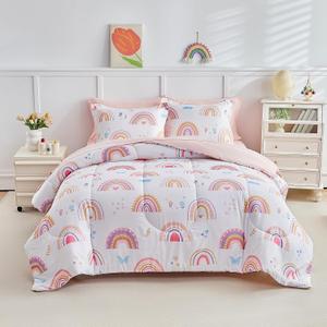 Joyreap 6pcs Bed in a Bag for Girls, Pink Rainbow Lovely Design, Twin Size Microfiber Comforter Sheet Set, Soft Cozy Bedding Comforter Set for All Season