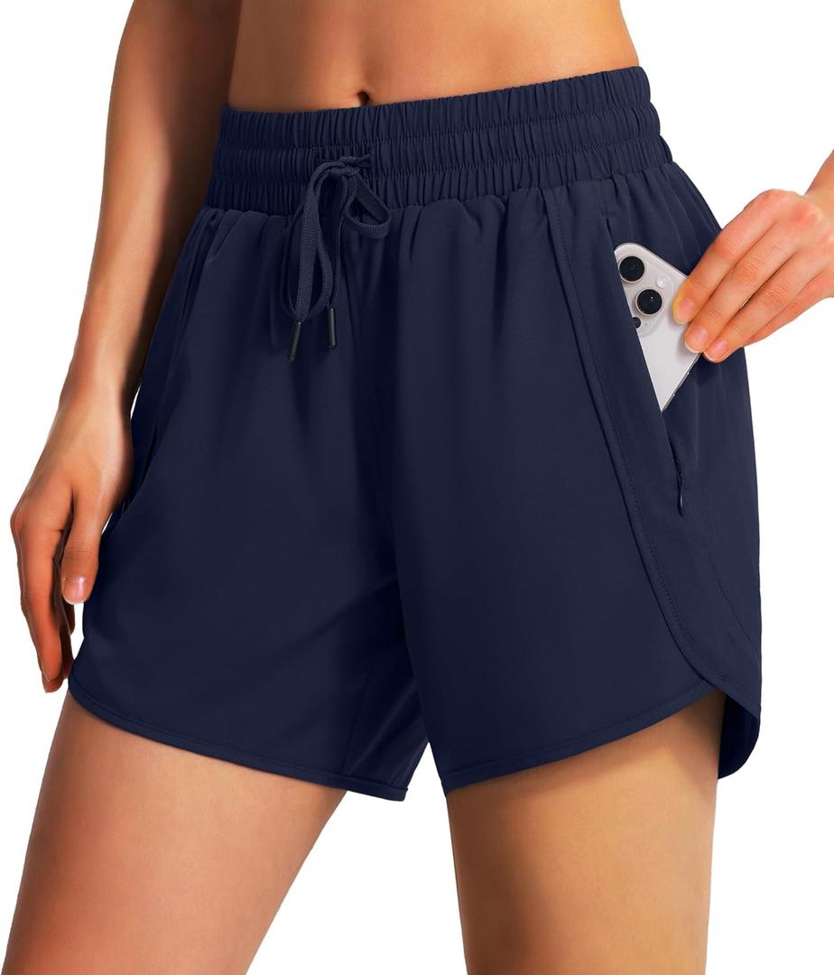Ksmien Women's 5" Athletic Running Shorts Quick Dry Lightweight Workout Gym Shorts with Zipper Pockets UPF 50+ (Large, Navy Blue)