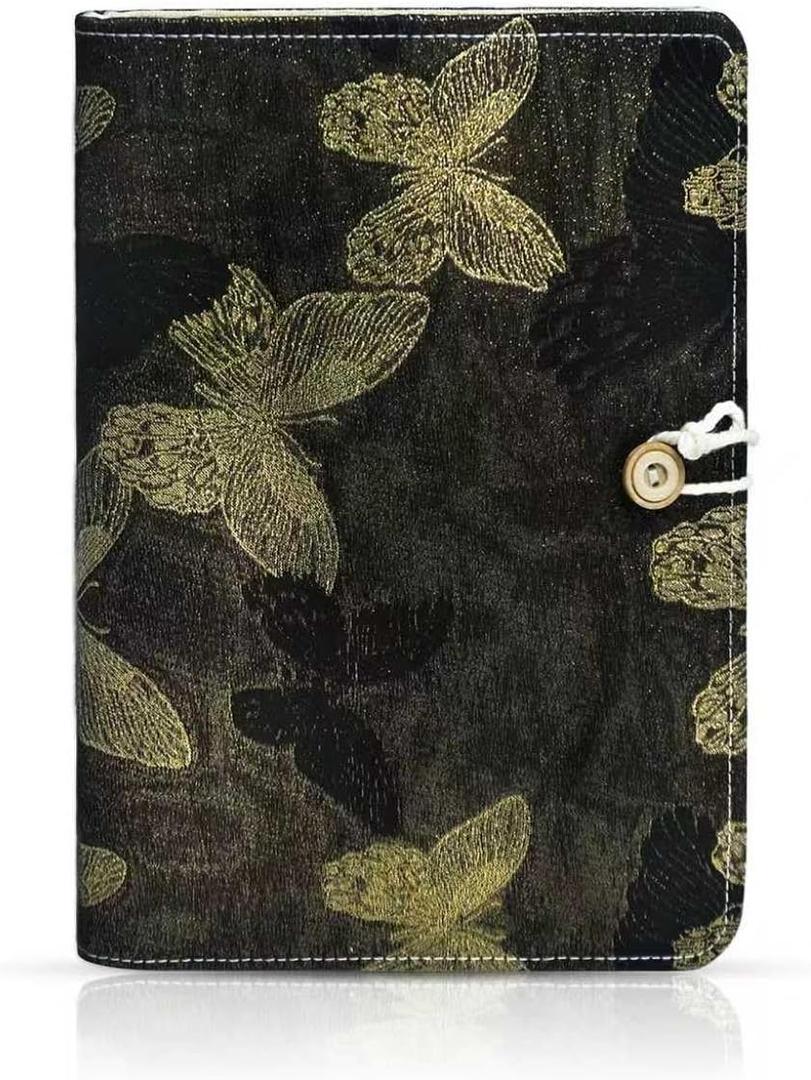 2 x Luxury Refillable Notebook with Grid Pages, Loose Leaf Hardcover 6-Ring Planner, Shimmering Black & Gold Embroidered Butterfly Journal for Study, Work, or Gifts (A6)
