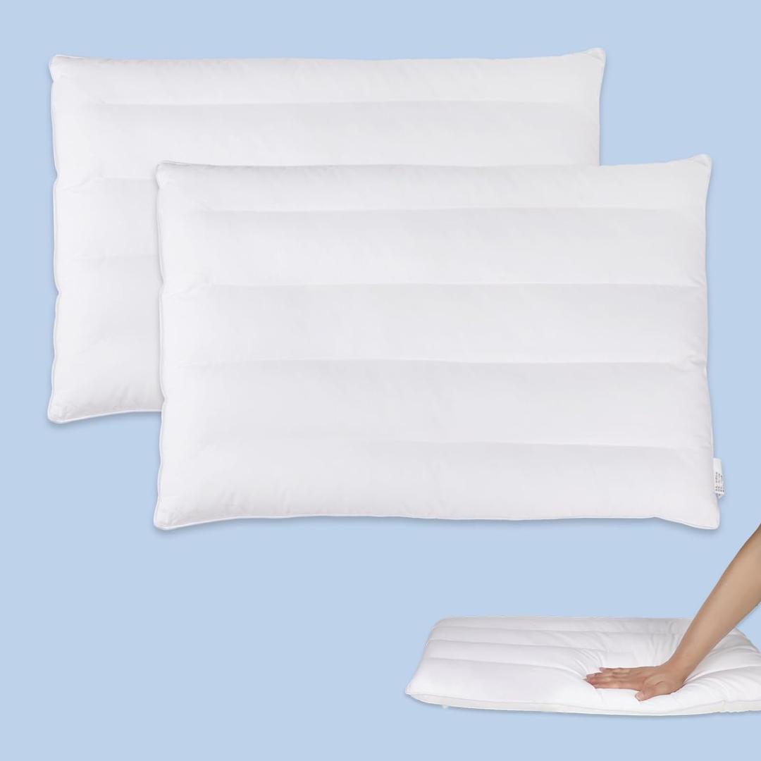2 Packs Flat Pillows for Sleeping Thin, 3" Ultra Thin Pillow, Slim Bed Pillows for Stomach and Back Sleepers, Standard Size -18x26 in - 100% Cotton - 7D Fiber (2 PC) (Standard(2PC), White)