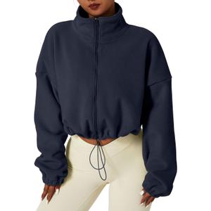 QINSEN Women's Full Zip Fleece Short Jacket Warm Winter Long Sleeve Stand Collar Sherpa Crop Coat (Navy)