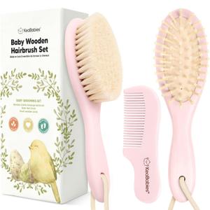 Baby Hair Brush Set for Newborns - Soft Goat Bristle Wooden Baby Brush and Comb Set Newborn Grooming Kit for Cradle Cap, Durable & Gentle, Boy, Girl Infant Essentials Care Kit (Oval, Blush)
