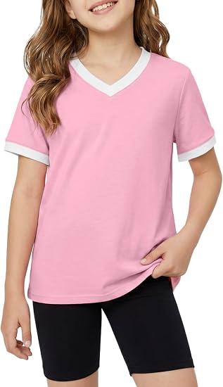 Poroka Girls Short Sleeve Shirt V-Neck Tee with Ribbed Trim Plain T-Shirts Soft Fashion Summer Tops for Girls, 9-10 Years Pink