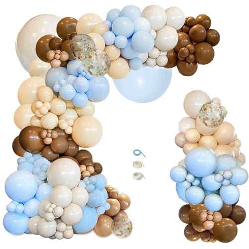 iLaFm 148pcs Brown Coffee Blue Balloons Garland Arch Kit, Boho Tan Teddy Bear We Can Bearly Wait Shower Gender Reveal Birthday Wedding Party Supplies Decorations