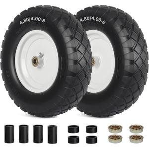 4.80/4.00-8" Wheelbarrow Tire, 16" Flat-Free Solid Tire and Wheel, 3" Centered Hub, 5/8" Axle Bore Hole, for Garden Wagon Cart Trolley Dolly Lawn Mover Go Kart Replacement (2 Pack)