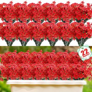 22 Pack Artificial Flowers Outdoor Fake Plants, Faux Flowers UV Resistant with Plastic Plants, Faux Silk Flowers for Outdoors Outside Front Porch Hanging Planter Window Box Garden Decoration(Red)