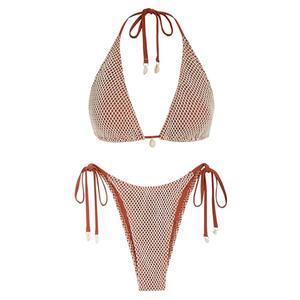 ZAFUL Women's Triangle Bikini Multiway Fishnet Tie Side Bandeau Halter String Bikini Set Two Piece Swimsuit Bathing Suits (1-Coffee, M-Medium)