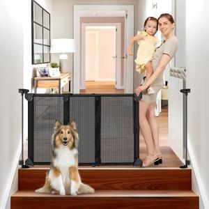 Punch Free Adjustable Pet Gates for Doorways No Drilling Sliding 32"-55" Wide Baby Gate for Stairs No Drill 28 Inch Tall Step Over Expandable Dog Gate Indoor Mesh Puppy Gates for The House (Black)