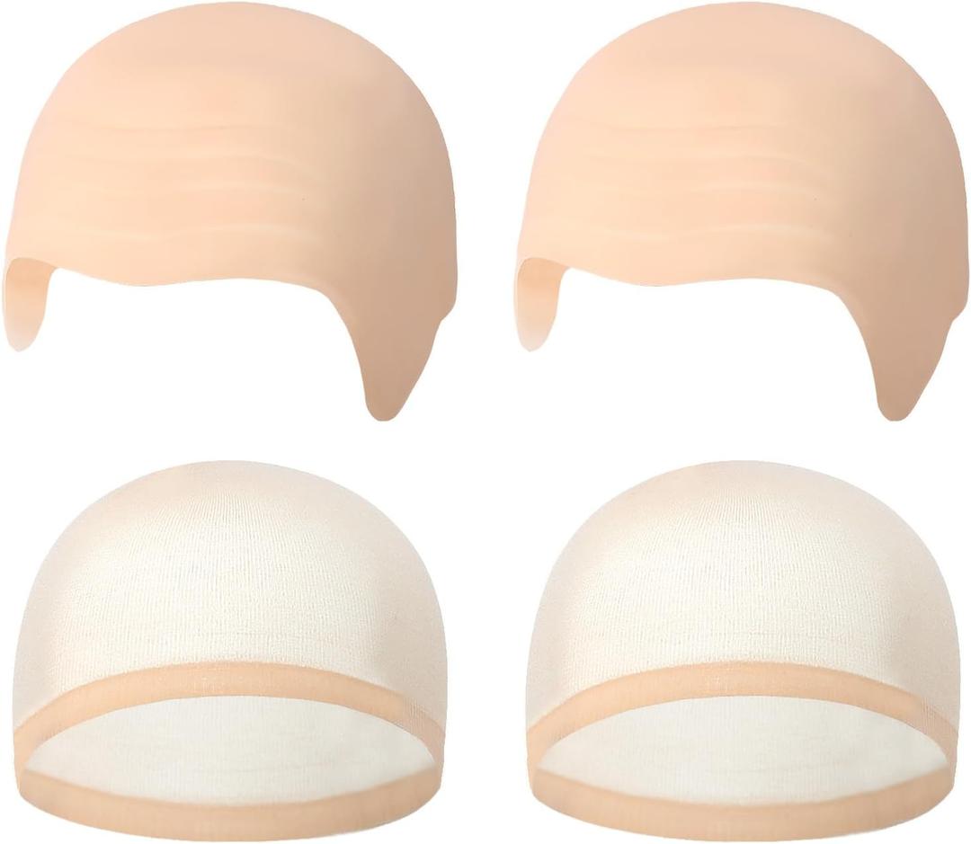 Fumwase 4PCS Bald Caps Halloween Makeup Latex Wig Hat Costume Accessories for Women Men (Beige)