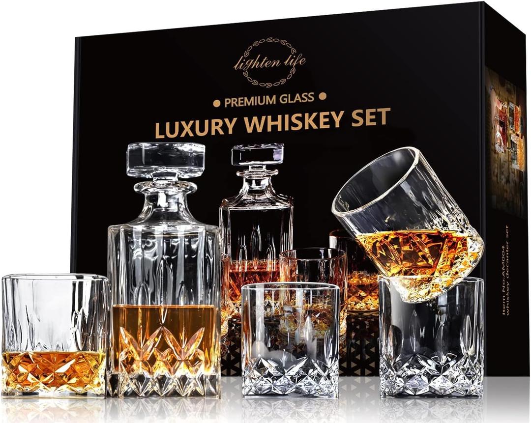LIGHTEN LIFE Crystal Whiskey Decanter Set for Men - Gift Box With Glasses, Non-Lead Glass for Bourbon and Liquor - Perfect for Dad, Husband, Whiskey Lovers