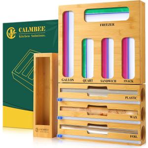 Calmbee 9 in 1 Bamboo Storage Bag Organizer for Kitchen Drawer Plastic Wrap Dispenser with Cutter & Foil Organizer, Wooden Baggie Organizer for Sandwich, Snack, Gallon, Quart Sizes, Natural
