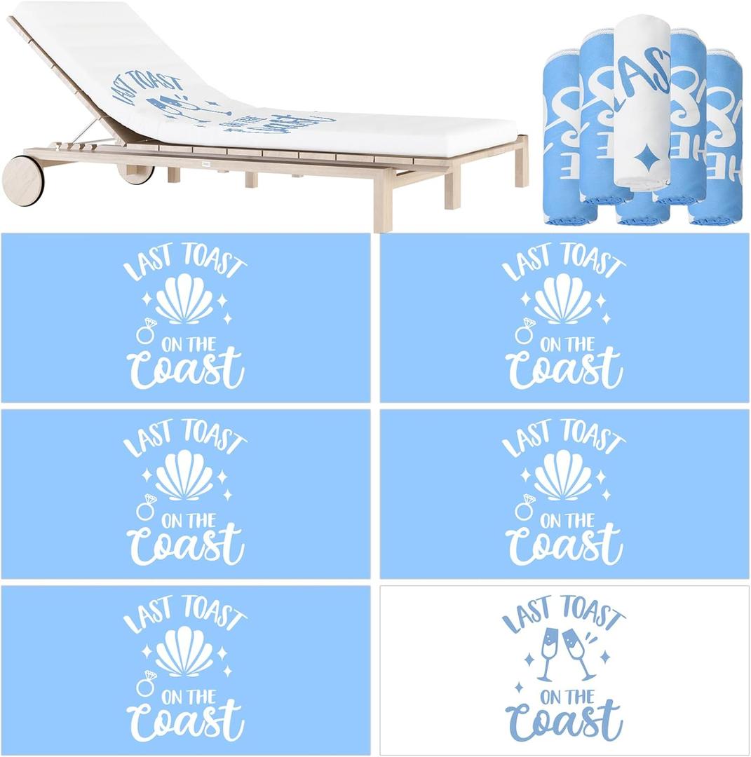 Whaline 6Pcs Last Toast on The Coast Beach Towels Quick Dry Towel Blue White Seashell Diamond Ring Absorbent Towels for Bachelorette Party Bride Shower Honeymoon