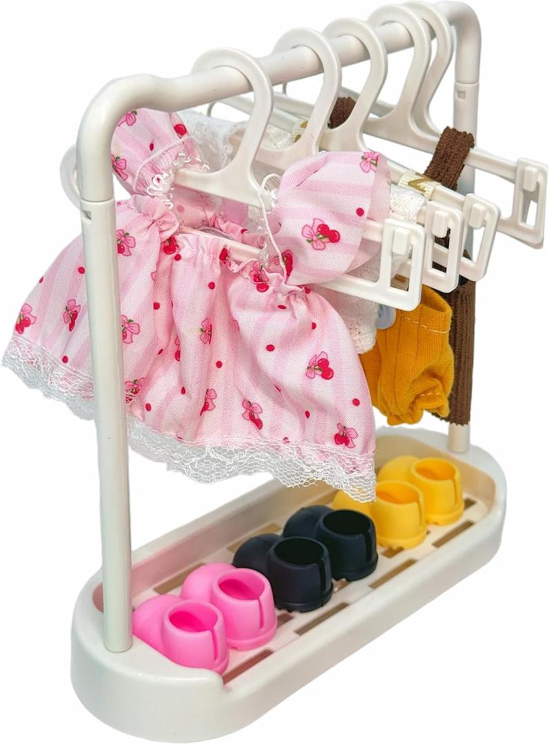 Clothes Rack for 17cm Dolls Outfits Accessories Shoes Storage with 5pcs Clothes Hangers Open Closet for Dollhouse