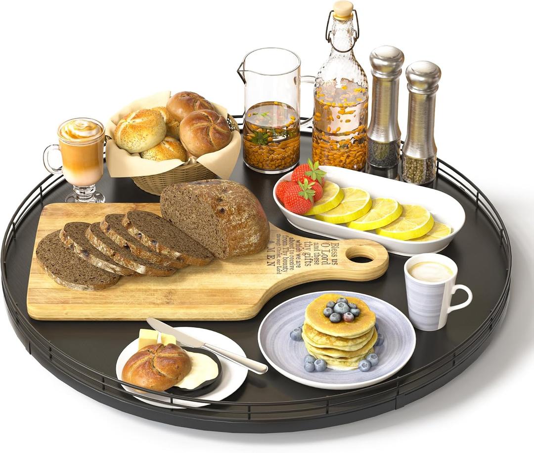 Oroyutor 16" Oak Wooden Lazy Susan Turntable for Dining Table, Large Round Lazy Susans Organizer for Kitchen Countertop, Tabletop 360Rotating Tray for Spice Organization and Storage Black Home Decor