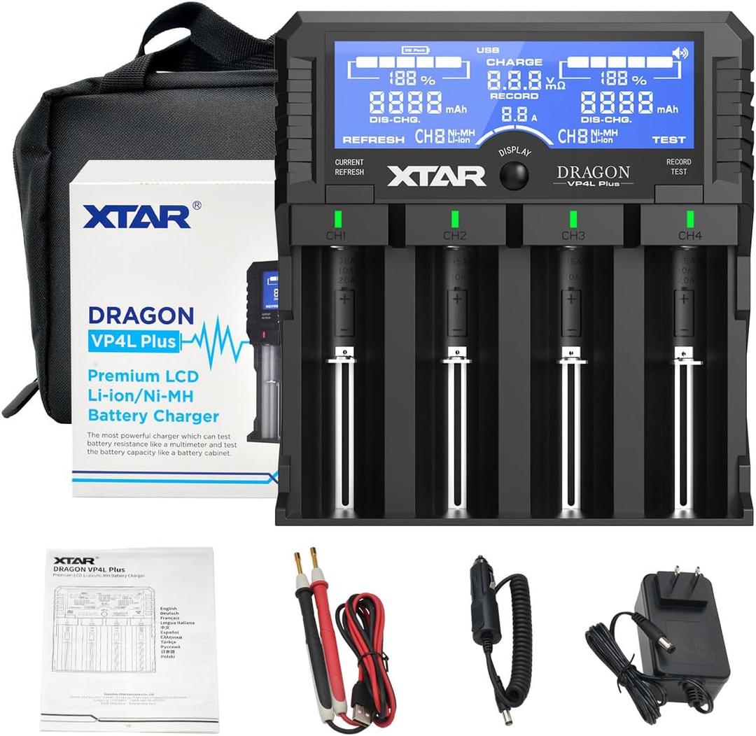 XTAR Dragon VP4L Plus Charger 4-Slots Intelligent Universal Battery Charger Analyzer tester for 14500 18650 21700 26650 32650 AAA AA C D Batteries 11.1V /3S Battery Pack
