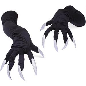 Amosfun Gloves Halloween Nails Halloween Party Costume Gloves Attached Long Fingernails,Pack of 2 (Black)