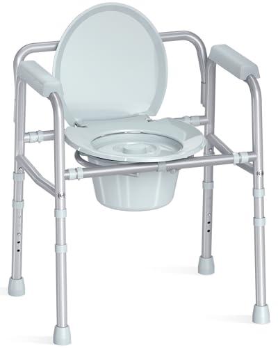 HOMLAND 3-in-1 Bedside Commode with Sturdy Dual-Crossbar Support Construction, Stable Commode Toilet with 7.5Qt Bucket, 350 Lbs Bedside Commodes for Seniors, Silver