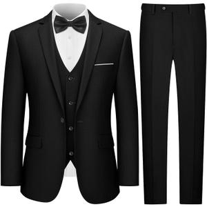 LUPURTY 3 Piece Suits for Men, Men's Suit Slim Fit, Business Solid One Button Single Breasted Tuxedo Blazer Vest Pants Set, Black M