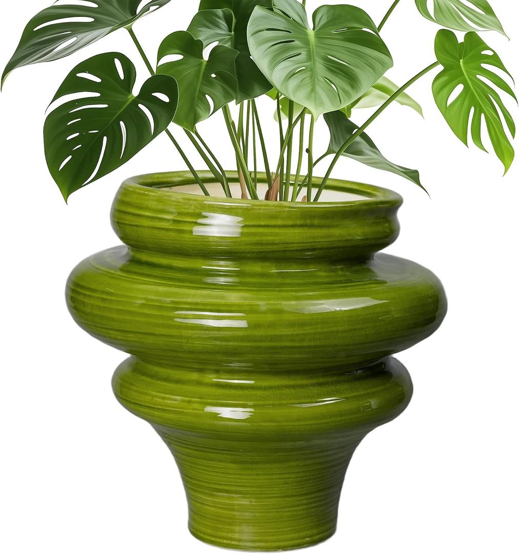 Ceramic Pot for Plants 11 Inch - Plant Pot for Indoor Outdoor, Decorative Bonsai Planter with Drainage Hole, Flower Pots for Office, Gift for Men Women, Green, 11.2 x 10.6 Inch