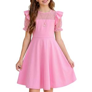 NEW 6-14 Years Girls Dress Mesh Polka Dot Ruffle Sleeve A-Line Party Skater Dress Wedding Guest Graduation Formal (Pink), 13-14Y