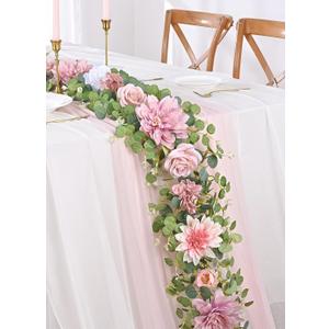 Waipfaru Artificial Flower Garland, 6.07ft Eucalyptus Garland with Flowers for Wedding Reception Table Mantle Room Decor (Rose Pink)