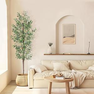 Artificial Olive Tree, 6FT Tall Faux Olive Trees 72in Outdoor Fake Potted Silk Plant with Trunk and Realistic 648 Leaves and 24 Fruits for Modern Office Home Decor Indoor1pack