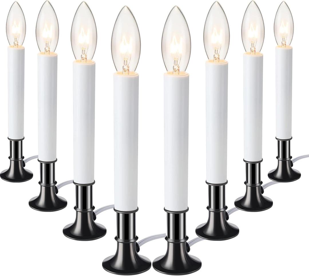 Hortsun 8 Pieces Electric Window Candle with Pewter Plated Base Window Candle Light Sensor Turns with Automatic On/Off for Home Christmas Holiday Party Decorations