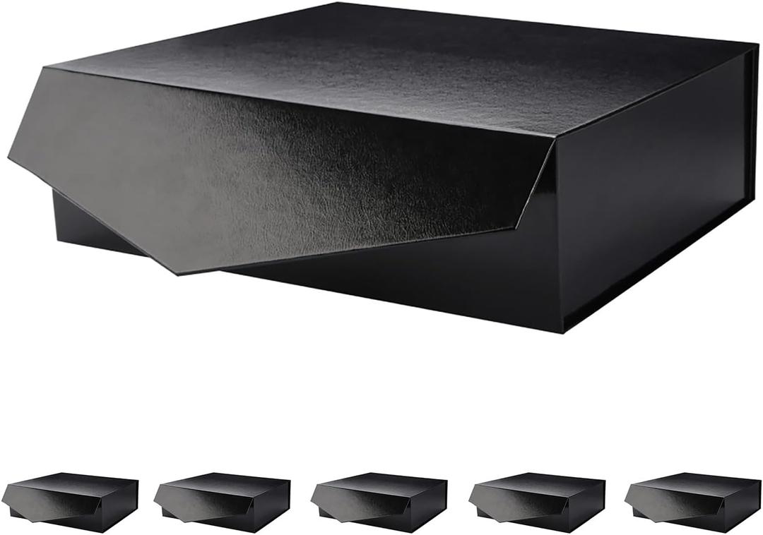 PACKHOME 6 Large Gift Boxes with Lids 13.5x9x4.1 Inches, Sturdy Collapsible Gift Boxes with Magnetic Closure (Glossy Black, Grass Texture)