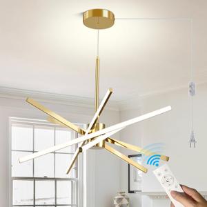 HOXIYA LED Plug in Chandelier, Dimmable Modern Sputnik Chandelier with Long Cord Gold, Plug in Pendant Light Fixture with Remote Flush Mount Over Dining Table for Living Room Bedroom Kitchen Gazebo