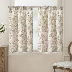 jinchan Floral Linen Tier Curtains 36 Inch Farmhouse Cafe Curtains Rod Pocket Country Flower Drapes for Small Windows for Kitchen Laundry Room Bathroom RV 2 Panels Light Filtering Taupe on Beige