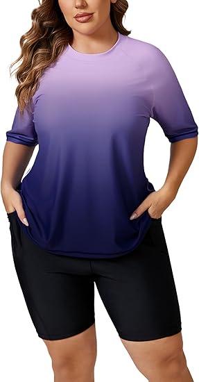 Halcurt Womens Plus Size Rash Guard Built in Bra 1Piece Swimming Suits Boyleg Navy 2X