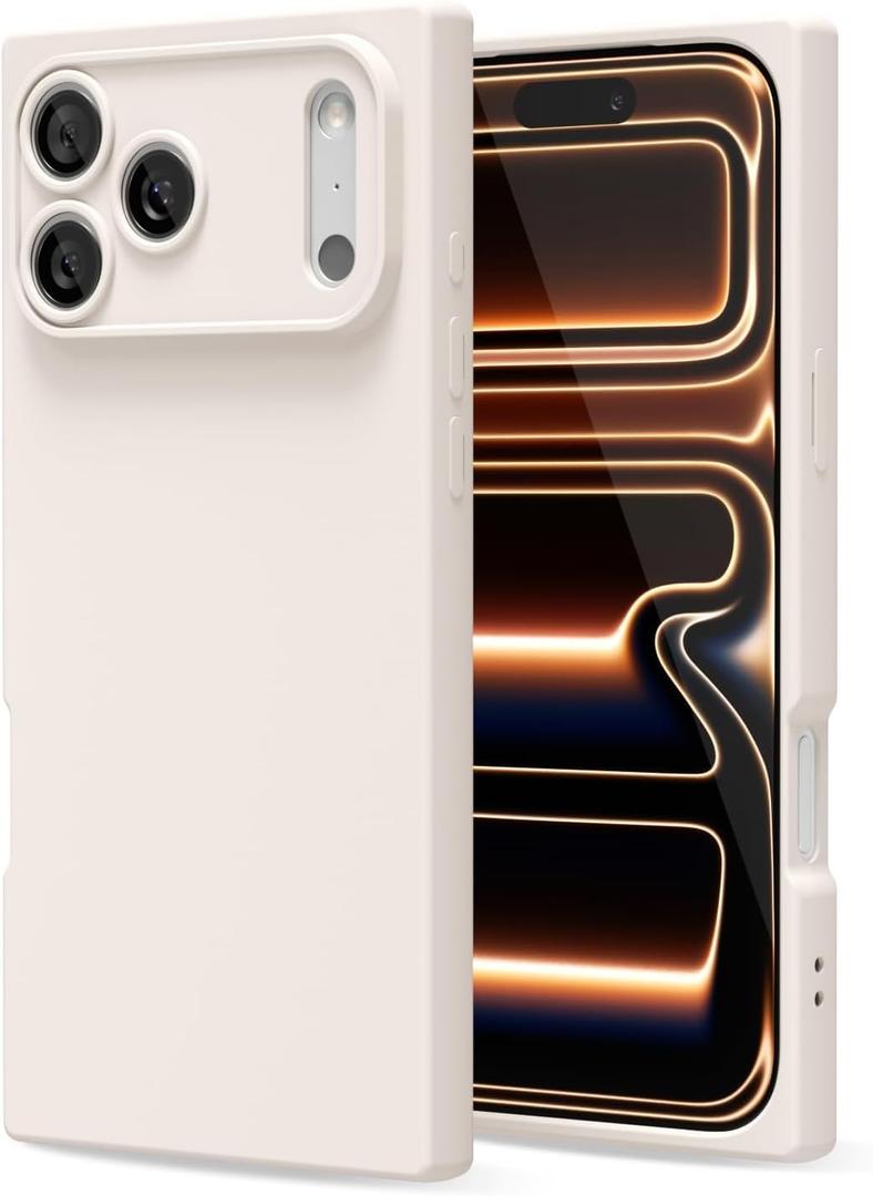 for iPhone 17 Pro Case Silicone, Rectangle Edge Cute Y2k Phone Case for Women Girl, Thin Protective Aesthetic Girly Design Soft Rubber with Camera Cover, Beige Stone Cream