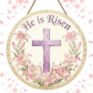Easter Day Door Sign Wooden Hanging Decor with Rope He is Risen Lily Flowers Religious Cross Easter Door Hanger for Front Door Porch Home Wall Decor Party Outdoor Indoor Easter Day Decor