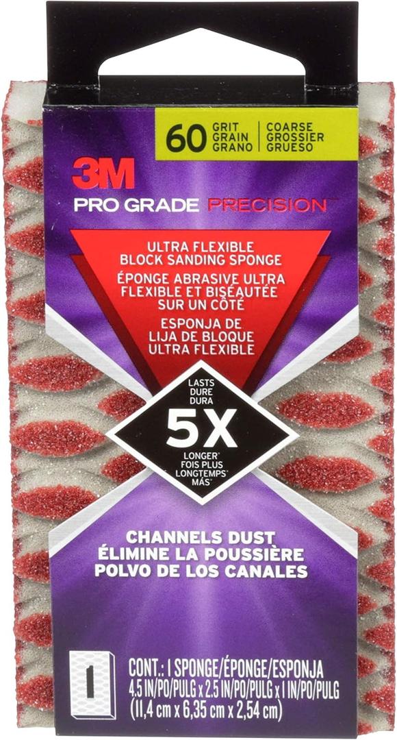 3M 2500PGP-60C-UF Pro Grade Precision 60-Grit Ultra Flexible Block Sanding Sponge, 4.5" x 2.5" x 1"
