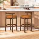 LUE BONA Counter Height Bar Stools Set of 2, 26" Leather Upholstered Low Back Bar Chairs with Rubberwood Frame, Round Seat & Footrest, Mid Century Kitchen Island Stools, Whiskey Brown-Walnut Color