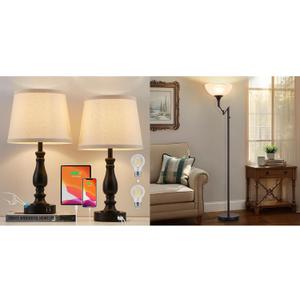 EJIAXIN Touch Table Lamps for Bedrooms Set of 2 with USB Ports + 70" Brown Torchiere Standing Floor Lamps for Living Room with Adjustable Swing Arm