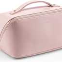 Vlando Makeup Bag,Large Capacity Travel Toiletry Bag,Cosmetic Bags for Women PU Leather Waterproof Portable Pouch with Divider & Handle-Pink